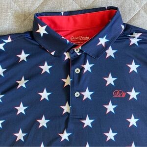 Good Good Golf Polo Shirt Mens Medium Blue Star Pattern USA America Patriotic